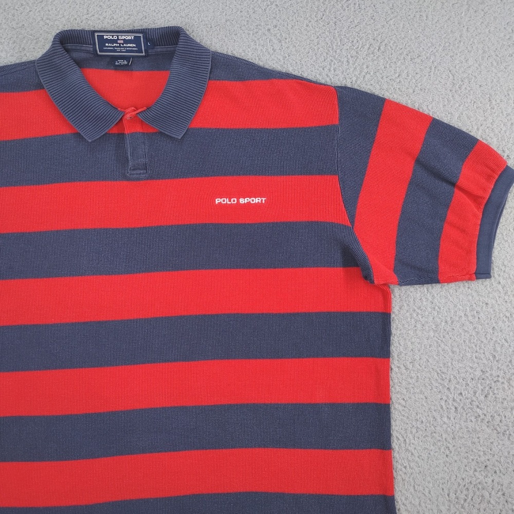 VINTAGE Polo Sport Rugby Polo Shirt Men Large Blue Red Thick Striped 100% Cotton